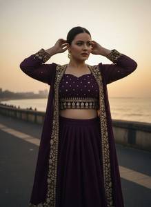 Ensemble prêt-à-porter de designer Jari, comprenant un lehenga en georgette à motifs étoiles avec broderie à sequins et un shrug en georgette à motifs étoiles, avec chemisier assorti. - Product Image 2