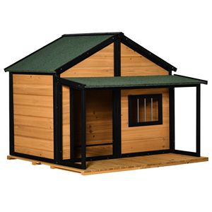 Casa per cani all'aperto in legno giallo con portico e tetto in asfalto per animali domestici di medie e grandi dimensioni mobili per animali domestici - Product Image 1