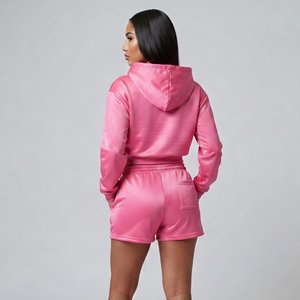 Ensemble short et sweat à capuche en polyester pour femme, imprimé lettres, deux pièces, avec short de survêtement imprimé et sweat court zippé - Product Image 2
