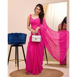 ATRACTIVE GEORGETTE IMPRESIÓN DIGITAL TRABAJO 1 MINUTO LISTO PARA LLEVAR SAREE CON BLUSA DESCOSADA ROSA - Product Image 1