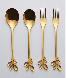 Ensemble de couverts dorés avec design de manche en forme de feuille, couverts modernes pour la décoration de table de mariage, ustensiles en métal compatibles lave-vaisselle - Product Image 1
