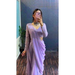 SEQUENCE DE BRODERIE GEORGETTE À LA MODE TRAVAIL DE DENTELLE 1 MINUTE SAREE AVEC CHEMISIER NON COUDU LAVANDE - Product Image 1