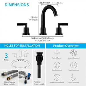 Rubinetto da Bagno Moderno Nero Opaco a 2 Maniglie con Beccuccio Girevole a 360 Gradi, Installazione a 3 Fori per Lavabo - Product Image 2