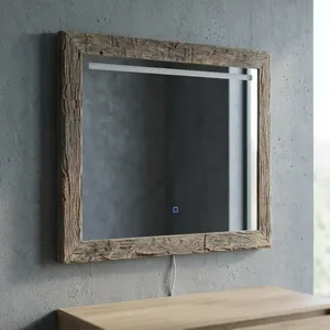 Miroir mural en chêne rustique avec cadre en bois éclairé, rectangulaire, pour salle de bain, chambre, couloir, décoration intérieure - Product Image 4