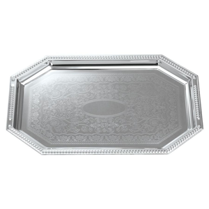 Plateau de service élégant en métal plaqué, vintage, argenté, gravé, décoratif, pour buffet, restauration et usage domestique à bas prix - Product Image 1