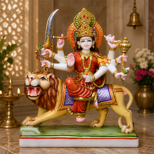Handcrafted Marble Durga Mata Statue on Lion | Premium White Marble Durga Maa Murti for Temple by MALIYAS Jaipur India - Product Image 1