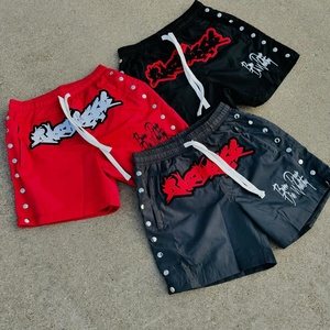 Hot Selling Black Nylon Windbreaker Shorts Red Stripes Side <strong>Buttons</strong> <strong>Elastic</strong> Waist <strong>Closure</strong> Plain Dyed Technique Pockets Solid - Product Image 1