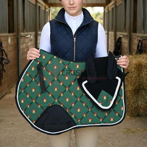 Crossedge wild Print Horse Tack set Contoured Jump Saddle Pad with Matching Leopard Ear Bonnet Set with White Cord Piping - Product Image 6
