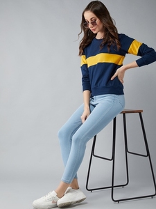 Sweat-shirt à col rond pour femme, bleu marine et jaune, à blocs de couleur, manches longues, tricoté, décontracté, respirant, pour l'automne - Product Image 4