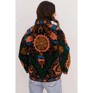 Wholesale <b>Black</b> Cotton Suzani <b>Jacket</b> with Collar Handmade Multicolor Floral Embroidered Women Boho Autumn Winter Outerwear - Product Image 3