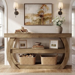 Modern Solid Wood <b>Console</b> <b>Table</b> with <b>Storage</b> Shelf Trestle Base Entryway Living Room Furniture - Product Image 3