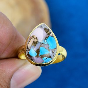 Natural Pink <b>Opal</b> Copper Turquoise Pear Shape Gemstone <b>Ring</b> 18k <b>Gold</b> Micron Over 925 Solid Sterling Silver - Product Image 2