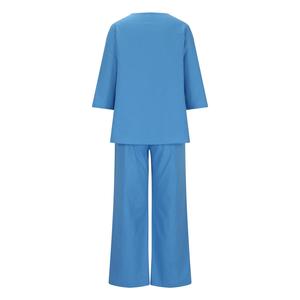 Women's Coral V-neck Two Piece Set <b>Three</b> <b>Quarter</b> Sleeve Loose Fit Casual Solid Color Breathable Woven <b>Pants</b> With Buttons - Product Image 4