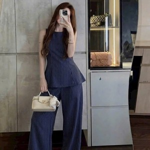 Conjunto de Dos Piezas para Mujer, Estilo Vintage, Informal, a Rayas, de Mezclilla, Sin Mangas, Top Largo, TERNO, Atuendo de Oficina para Verano, Poliéster, Lavado Claro - Product Image 4