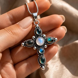 Pendentif Croix Pierre de Lune Plaqué Or Sertissage Clos Fait Main Argent Sterling Labradorite Bijoux Vintage à Superposer - Product Image 3