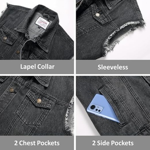 Men's <b>Black</b> 100% Cotton Denim <b>Vest</b> Sleeveless Stand Collar Casual Plus Size Washed Frayed Edge High Street Outerwear Summer - Product Image 4