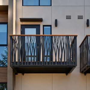 Barandilla de Balcón Moderna de Metal Negro con Superficie de Madera y Patrón Geométrico para Diseño de Seguridad en Terrazas de Apartamentos - Product Image 1