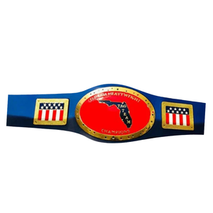 Ceinture de champion de la lutte en équipe de la catégorie poids lourd de la Floride, plaque rouge avec carte de la Floride et design du drapeau américain, sangle bleue - Product Image 6