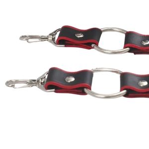 Leather Bondage Restraints Set With Wrist And Ankle Cuffs Red Lining Metal Buckles And Connectors - Product Image 4