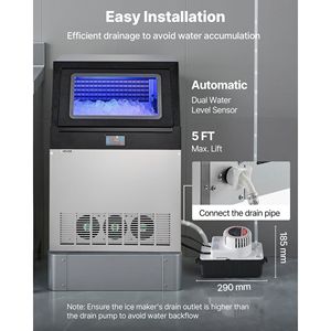 Máquina de Hielo Comercial de 360 Libras/24H, Almacenamiento de 85 Libras, Integrada/para Debajo del Mostrador, Acero Inoxidable, 220V, Hielo en Cubos - Product Image 6