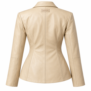 Blazer en cuir véritable beige pour femme, coupe asymétrique, col châle à rabat latéral, vêtement d'extérieur sur mesure, offre directe usine - Product Image 2