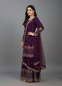 Costume Anarkali traditionnel pour femmes, couleur pourpre, avec broderie dorée, longueur au sol, polyester, tenue de soirée, style Inde Pakistan - Product Image 4