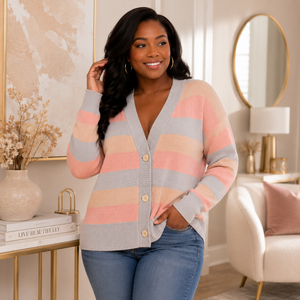 Cardigan en tricot rayé Cosh International à manches longues, col en V, boutonné devant, haut décontracté, couleur bonbon, toutes saisons - Product Image 3