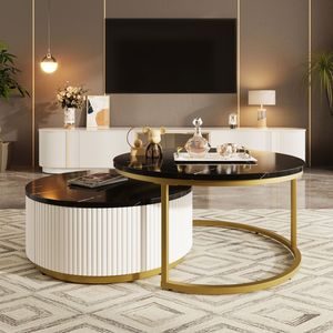 Tavolino da Caffè Moderno Rotondo con Cassetto, Nero e Oro Scanalato, 27,6 Pollici - Product Image 6