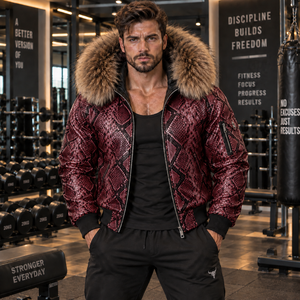 Men's Exotic Python Skin <b>Jacket</b> with Fox <b>Fur</b> <b>Hood</b> Luxury Motorcycle Outerwear | Herren Lederjacke | Chaqueta Hombre Cuero - Product Image 1
