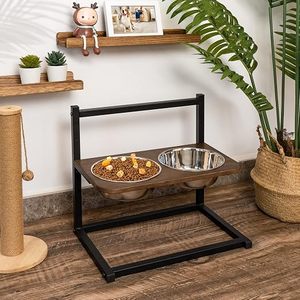 Adjustable Elevated Double Dog Bowl Stand with 2 Stainless Steel Feeding Bowls Wooden Top Raised Pet Food & Water Feeder for Dog - Product Image 2