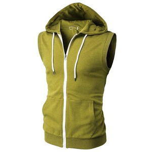 Men's Olive Green <b>Sleeveless</b> Hooded Knitted Zipper Casual Vest Regular Fit Solid Color Autumn Wear <b>Hoodie</b> For Online Sale - Product Image 2