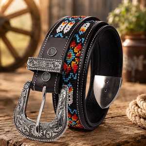 Cinturón Vaquero Premium Vintage de Cuero Genuino con Cuentas, Hebilla de Aleación, Grabado Geométrico y Incrustaciones de Cuentas, Hecho a Mano - Product Image 3