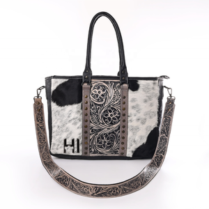 Sac fourre-tout en cuir de vachette western avec poils, sangle travaillée à la main - Product Image 3