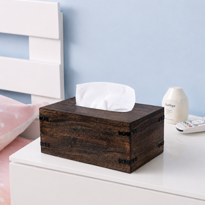 Caja de pañuelos de madera de acacia rústica con acabado oscuro quemado, hecha a mano, rectangular, duradera, para decoración del hogar, oficina o baño. - Product Image 2