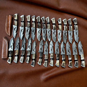 Cuchillo de Chef Personalizado OEM de Acero Inoxidable Damasco con Mango de Cuerno de Ciervo, Patrón de Pluma, Punta Caída, para Caza, Supervivencia, Camping e Industrial, con Funda de Cuero - Product Image 5
