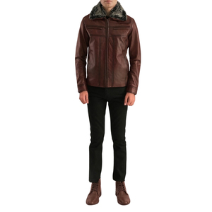 Veste en cuir véritable marron pour homme avec col en fourrure, fermeture éclair, coupe ajustée, vêtement d'hiver - Product Image 1