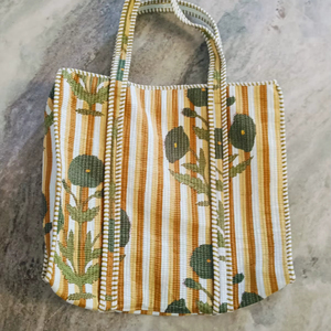 Quilted Cotton Tote <b>Bag</b> Handblock Print Zipper Closure Travel Shopping Everyday <b>Bag</b> for Women Eco Friendly Handbag - Product Image 1