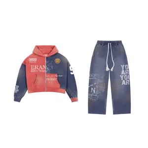 2026 BRAND Unisex Hooded <b>Zip</b>-<b>Up</b> Sweatshirt Set Color Blocking Streetwear Oversized Fit French Terry Material Autumn Wear - Product Image 1