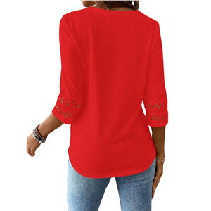 <b>Red</b> Lace Trim <b>Blouse</b> <b>Women</b> Three Quarter Sleeve Round Neck Solid Color Pullover Shirt for Daily Wear - Product Image 2