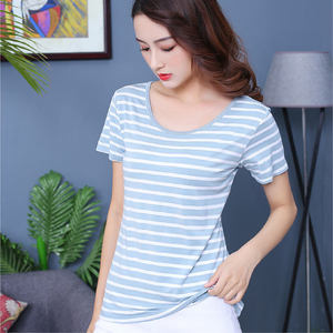 Camiseta Holgada con Cuello Redondo al por Mayor, Camiseta de Alta Calidad con Diseño a Rayas de Longitud Corta, Camiseta Informal, Cómoda y Transpirable para Mujer - Product Image 5