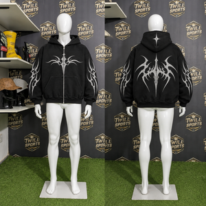 Sweat à capuche zippé personnalisé avec logo, effet délavé, noir, motif géométrique vintage, coton 350 g/m², hiver, poche avant, coupe classique, homme, service OEM - Product Image 3