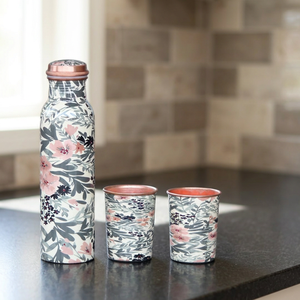 Botella de Agua Metálica con Diseño Floral y Tapa de Cobre, Set de Bebidas Portátil para Viaje - Product Image 6