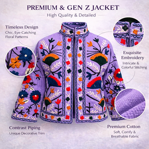 Chaqueta Bomber de Algodón con Bordado Kashmiri Hecho a Mano, Estilo Boho Floral con Cuello Alto para Mujer, Venta al Por Mayor - Product Image 2