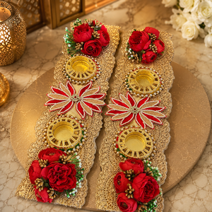 Red Floral Diya Decoration Pair Handmade Gold Patti Pearl Wedding <b>Mandir</b> Pooja Festival Home Decor Gift Item - Product Image 4