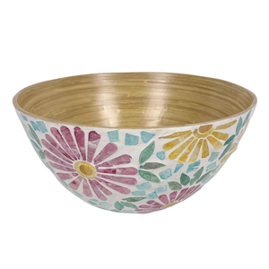 Cuenco de fruta de bambú hecho a mano con incrustaciones de Capiz de flores coloridas, único hogar cocina decorativa para servir ensaladera para fiestas - Product Image 1
