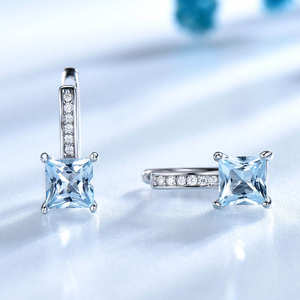 Pendientes de Clip Románticos, Lindos y Modernos, con Gema Azul Cielo, Circonita Cúbica, Corte Princesa, Plata de Ley 925, Regalo - Product Image 4