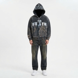 Sweat à capuche homme en coton 100% avec impression numérique hiver gothique, effet délavé, tissu épais, coupe oversize en molleton bouclette - Product Image 2