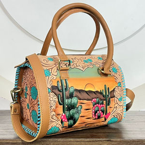 2026 Elegant Western Genuine Cowhide <b>Leather</b> Medium Speedy Bag Cactus Sunset Pattern Weekender Travel Duffel Bag for Unisex - Product Image 4