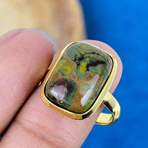 Bague en pierre précieuse de jaspe naturel en forme de coussin, faite à la main, plaquée or 18 carats sur argent sterling 925 - Product Image 3