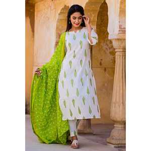 Ensemble de kurta décontracté blanc à motifs de feuilles, taille XS, tissu crêpe - Product Image 3